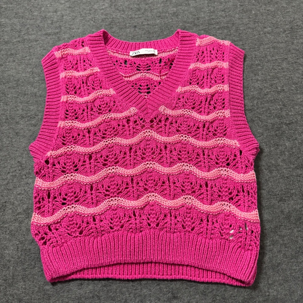 Zara Pink Wavy Stripe Crochet 3D Knit V-Neck Sweater Vest Medium Indie Retro